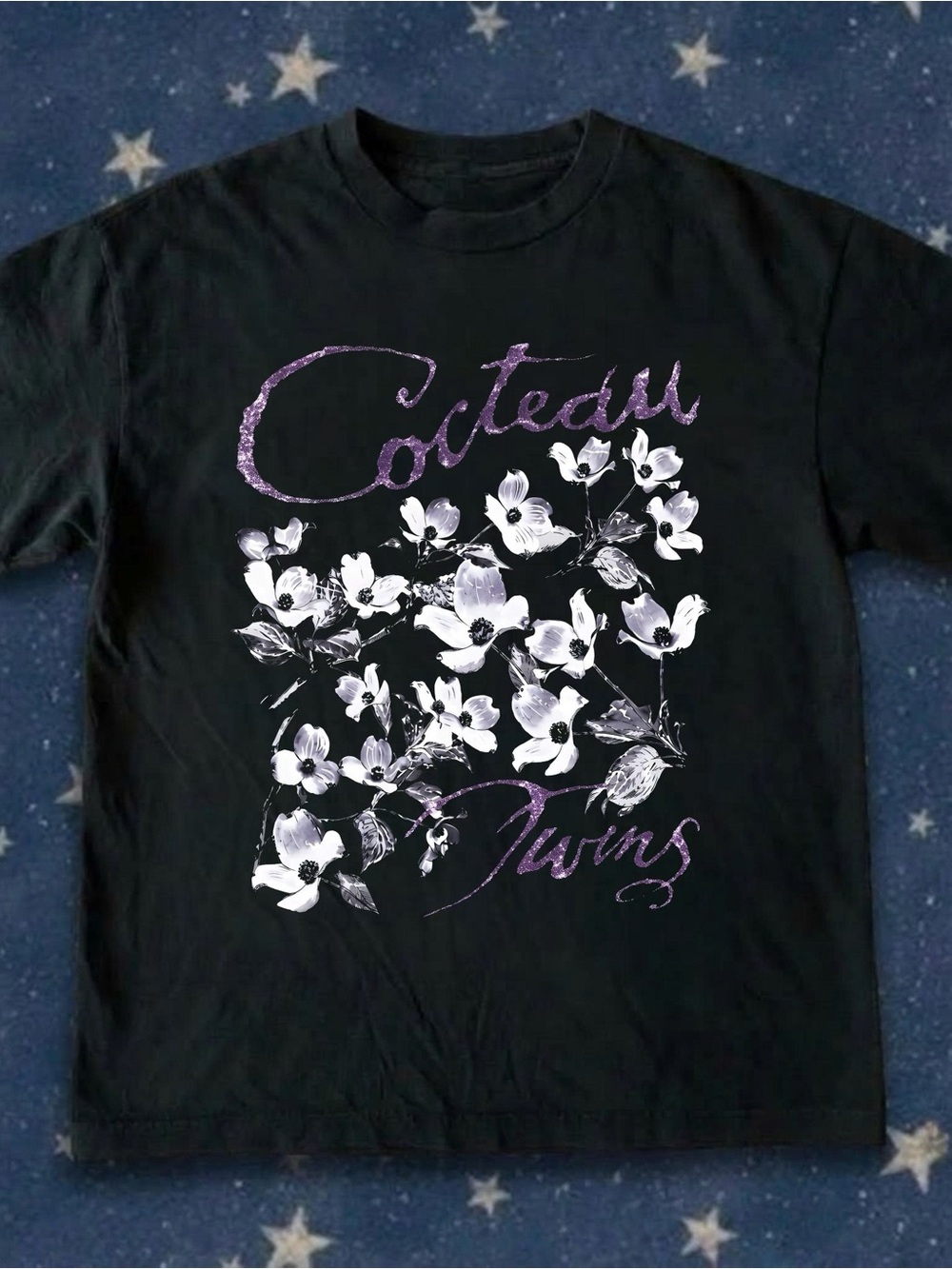Gildan Black Tee with White & Lavender Floral Cocteau Twins Graphic